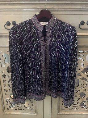 St. John Evening Black Knit Jacket with lavender  and Silver Rhinestones